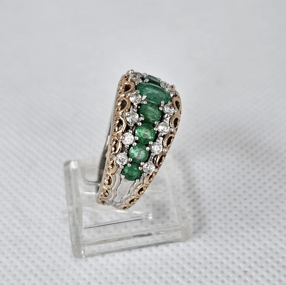 Gems en Vogue Grizzly Emerald & Zircon Palladium Sterling Silver 18k Ring Sz 8! - Picture 7 of 13